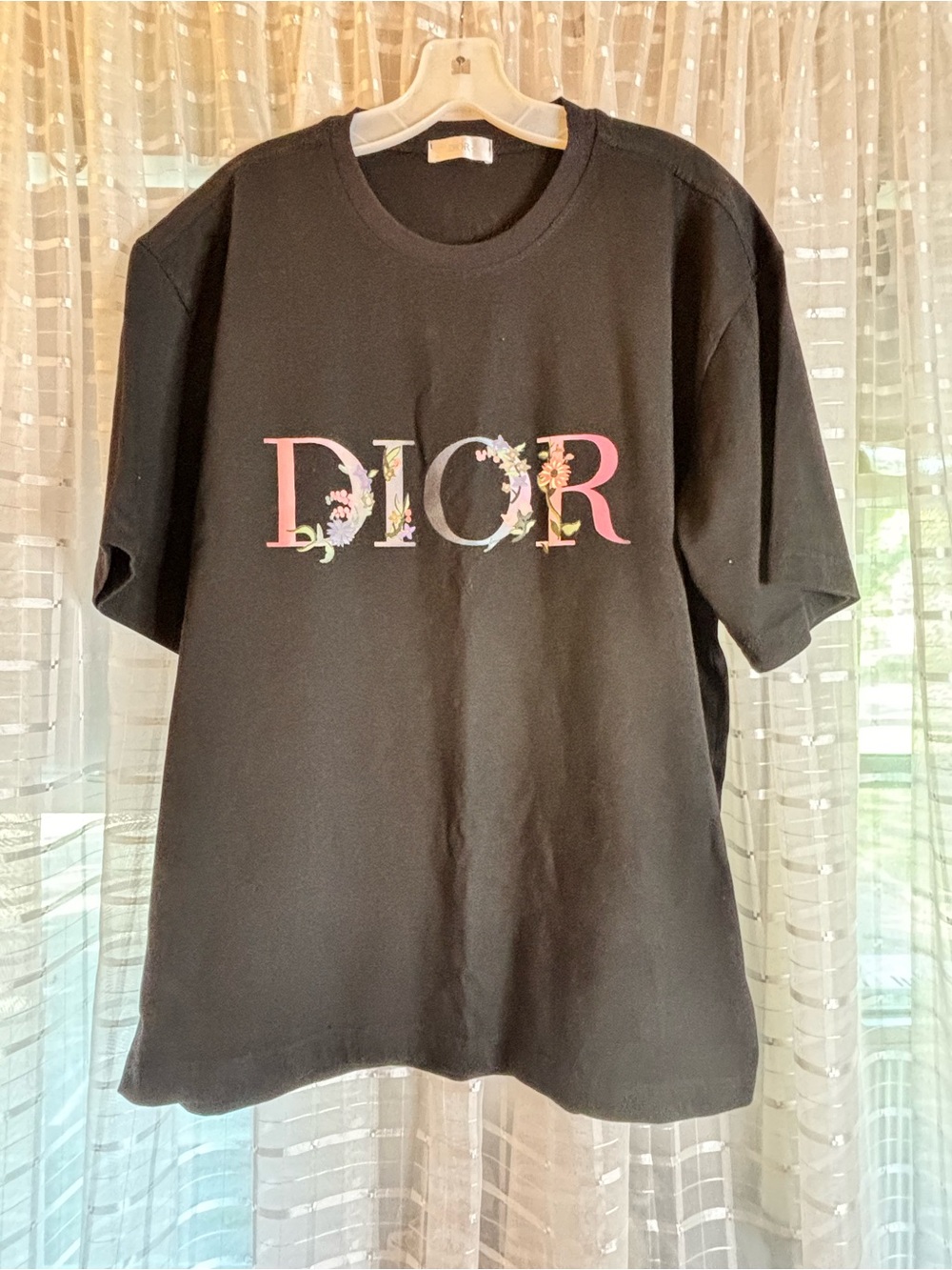 Dior Black Tee with Pastel Floral Logo